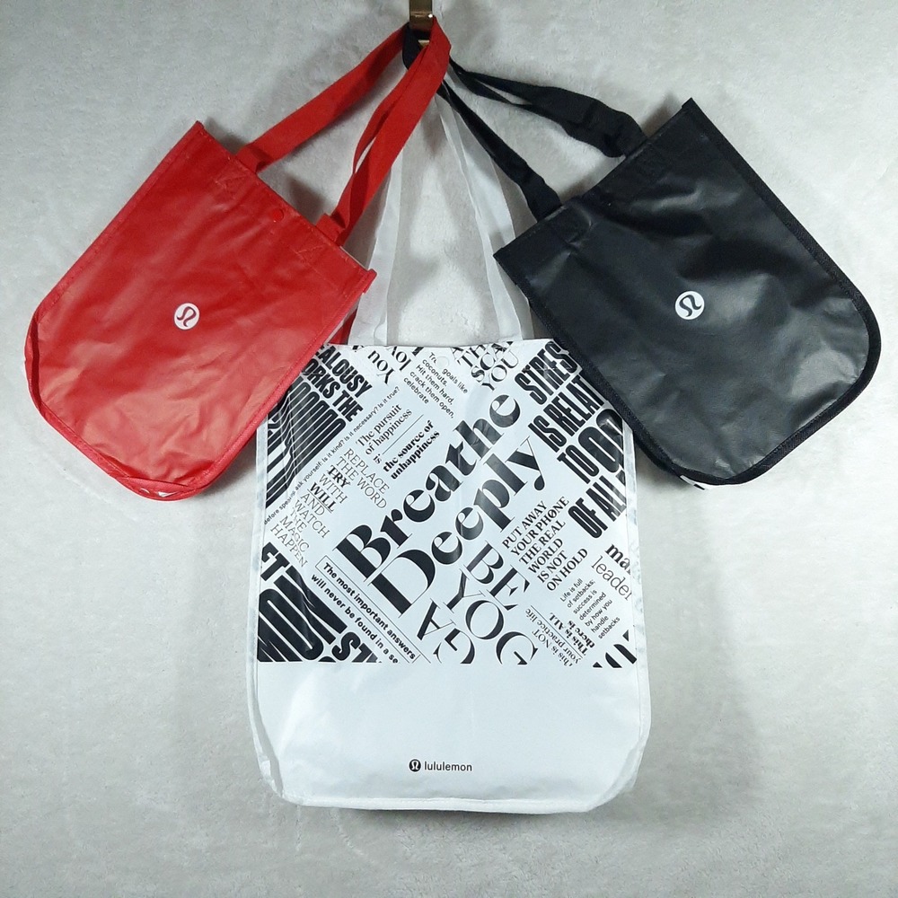 Lululemon Reusable Tote Bag‎ Bundle Set of 3 Large White Small Red Black Graphic